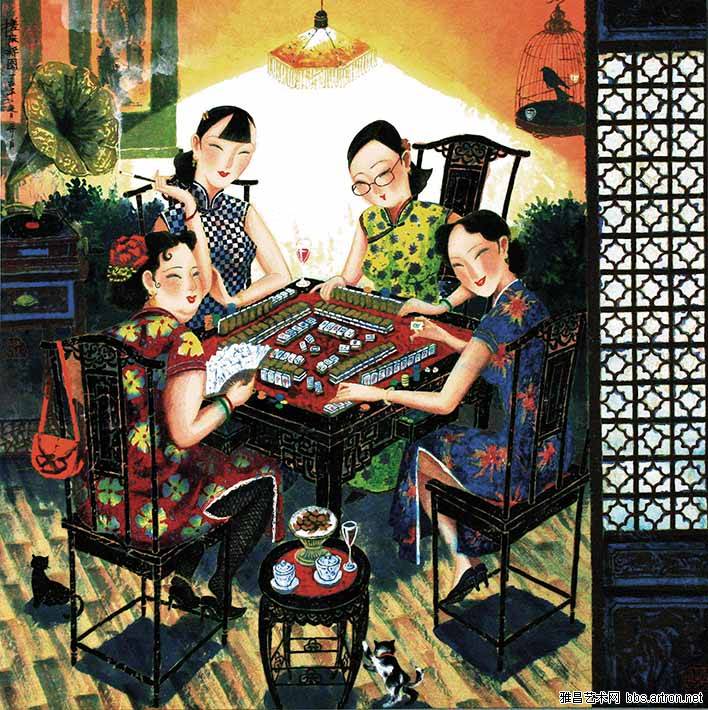 《搓麻将图》 playing mah-jong 68x68cm 2007.jpg